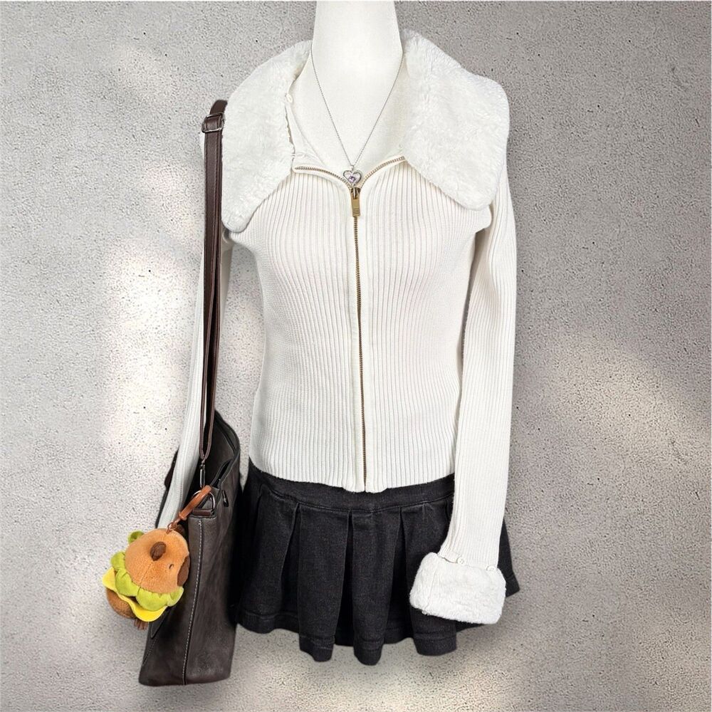 Dylan Ryan NYC Faux Fur Zip Cardigan Women’s L White Ribbed Y2K Chic Streetwear